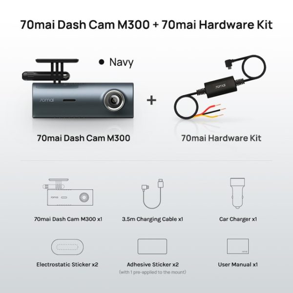 70mai Dash Cam M300 Car Dvr 1296p Night Vision 70mai M300 Cam Recorder 24h Parking Mode Wifi & App Control – Dvr/dash Camera – M300 Navy n HW Kit 10